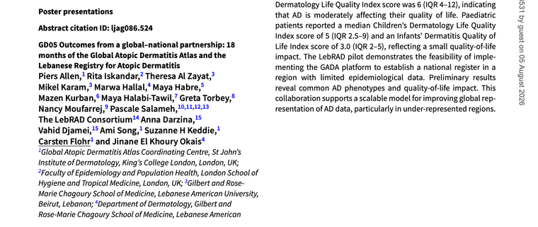 GD05 Outcomes from a global–national partnership: 18 months of the Global Atopic Dermatitis Atlas and the Lebanese Registry for Atopic Dermatitis